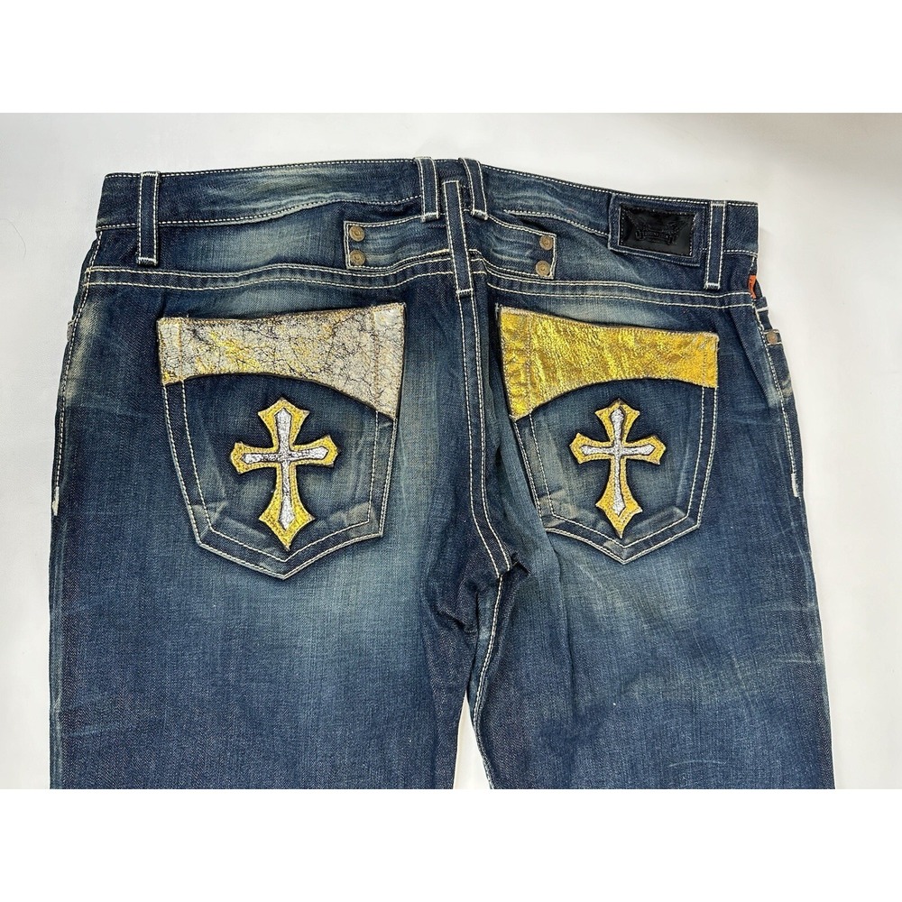 Robins Jeans Leather Gold Gothic Stones Rivets Cross Mens Size 40 x 36 D5363-1